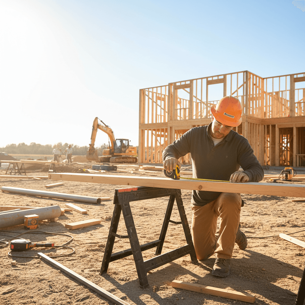 Construction worker measuring lumber on a sunny building site
