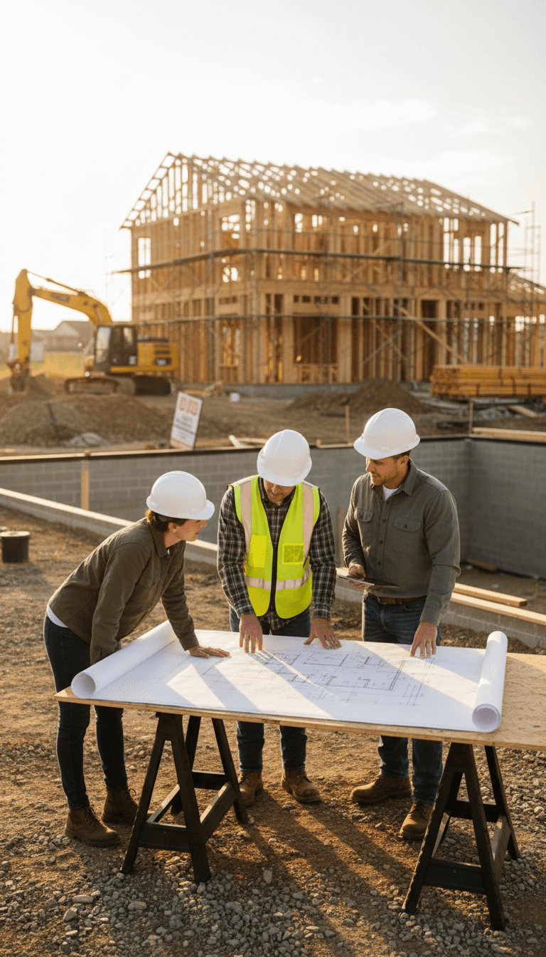 Builder reviewing house plans with homeowner on a new construction site in Jamesport Missouri