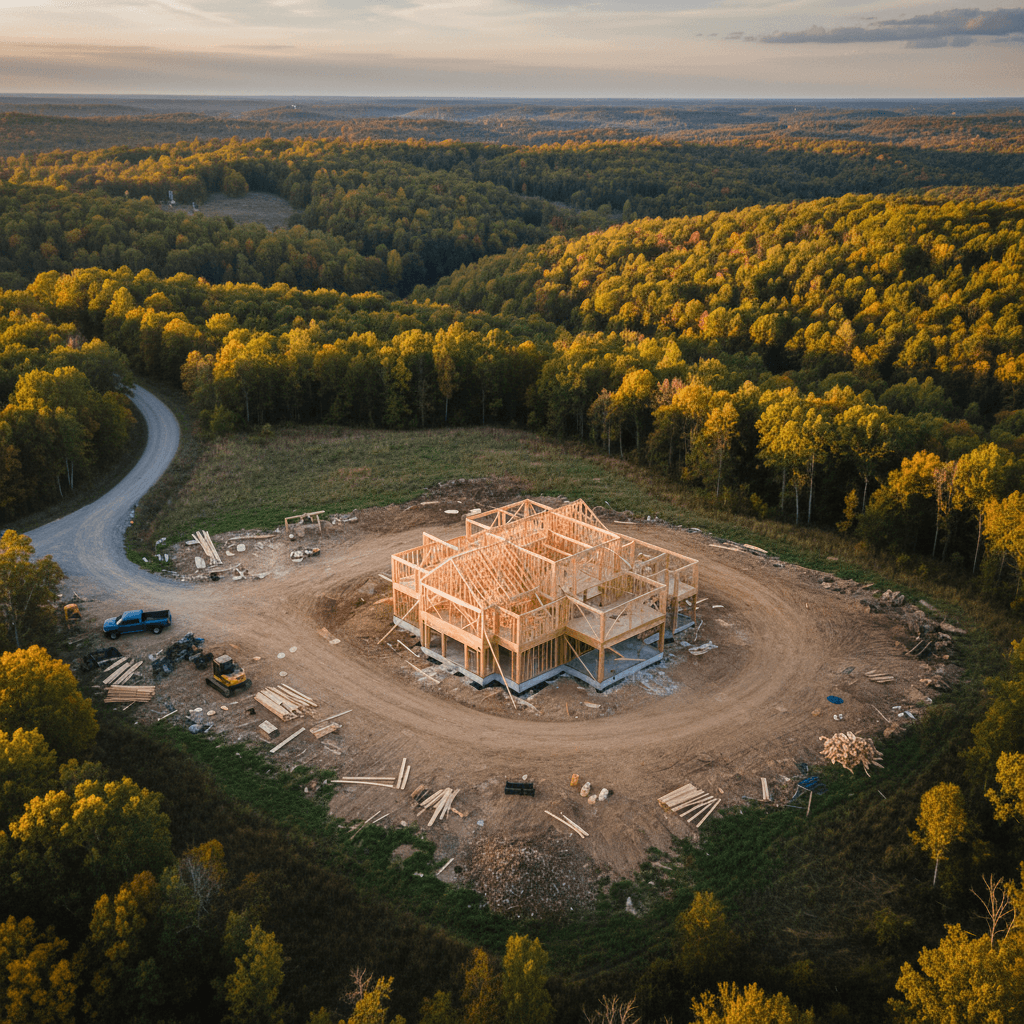 Aerial view of a wooden house frame under construction on a cleared lot in rural Missouri