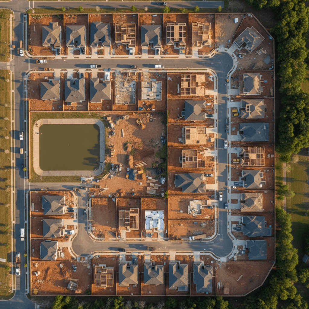 Aerial shot of a new housing development with multiple homes being built